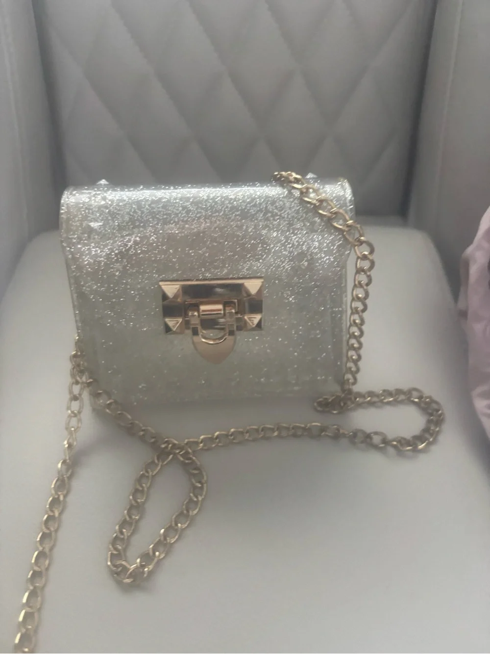 Silver Glitter Chain Crossbody Bag with Gold Hardware